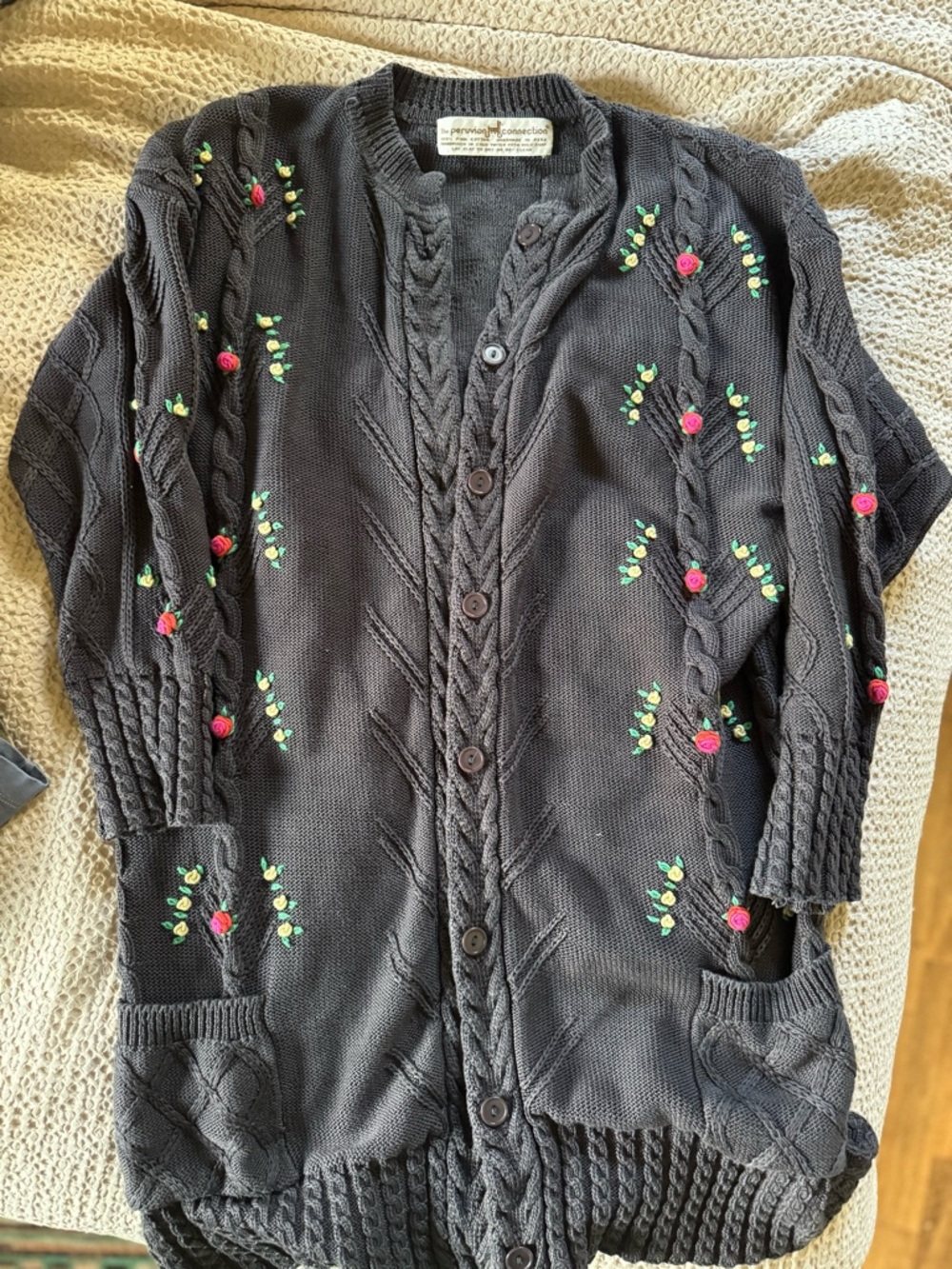 Vintage Peruvian Connection Charcoal Cable-Knit Cardigan with Rose Embroidery
